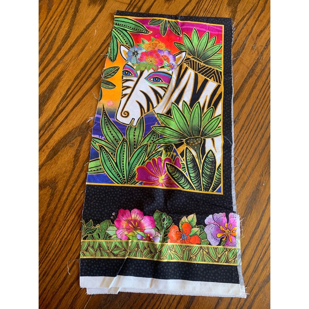 Earth Song Laurel Burch Fabric Remnant Zebra Toucan Tropical Floral Cotton 44x10